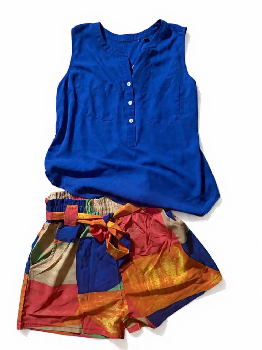 Summer Set High-Waist Printed Shorts with Tie Belt - Blue Top